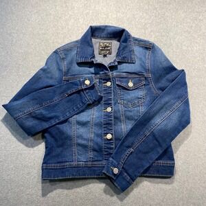 Wax Jean Denim Trucker Jacket Kids Size Large Blue Stretch Cotton‎ Blend EUC